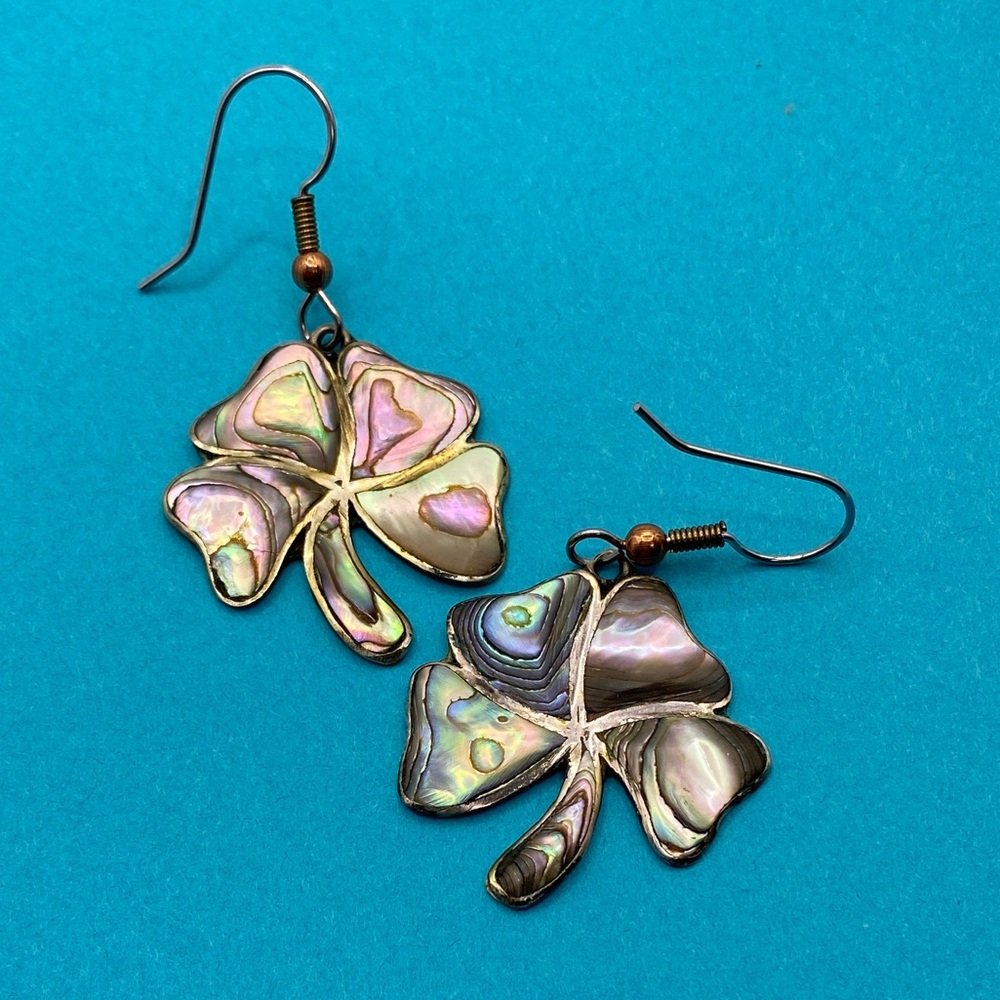 Abalone Shell Clover Drop Earrings - Iridescent Green